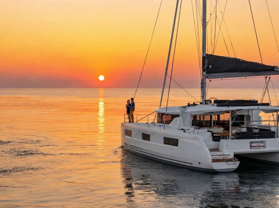 Pareja disfrutando el atardecer en el catamarán